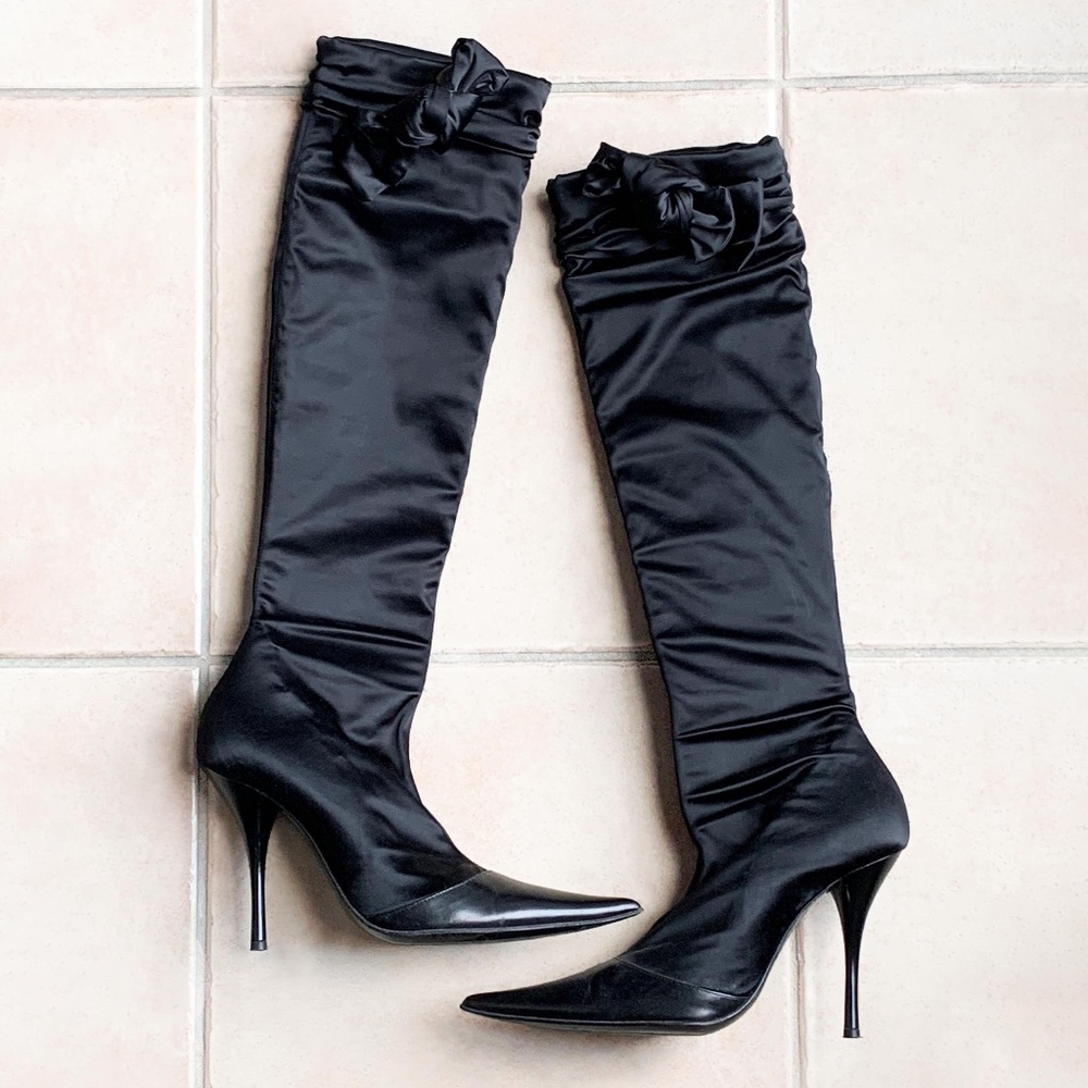 LES TROPEZIENNES COLLECTION Luxe Black Satin Knee-High Boot